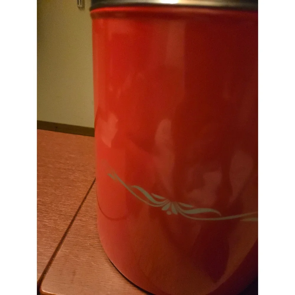 Vintage‎ Red Metal Canister with Silver Filigree Scroll and Stainless Steel Lid